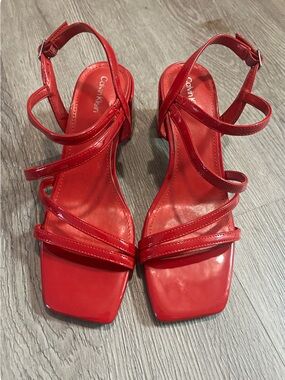 Calvin Klein Red Strappy Block Heel Sandals